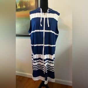 Ellen Weaver 2X Women's Beach Swimsuit Cover-up Blue White Cotton Pockets Hood